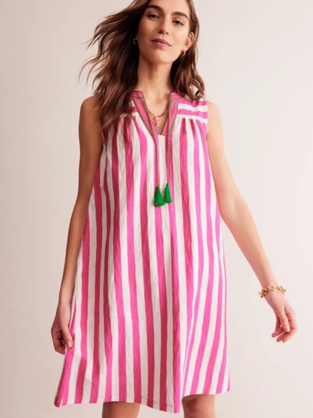Boden Nadine Pink & White Striped Cotton Notch Mini Dress